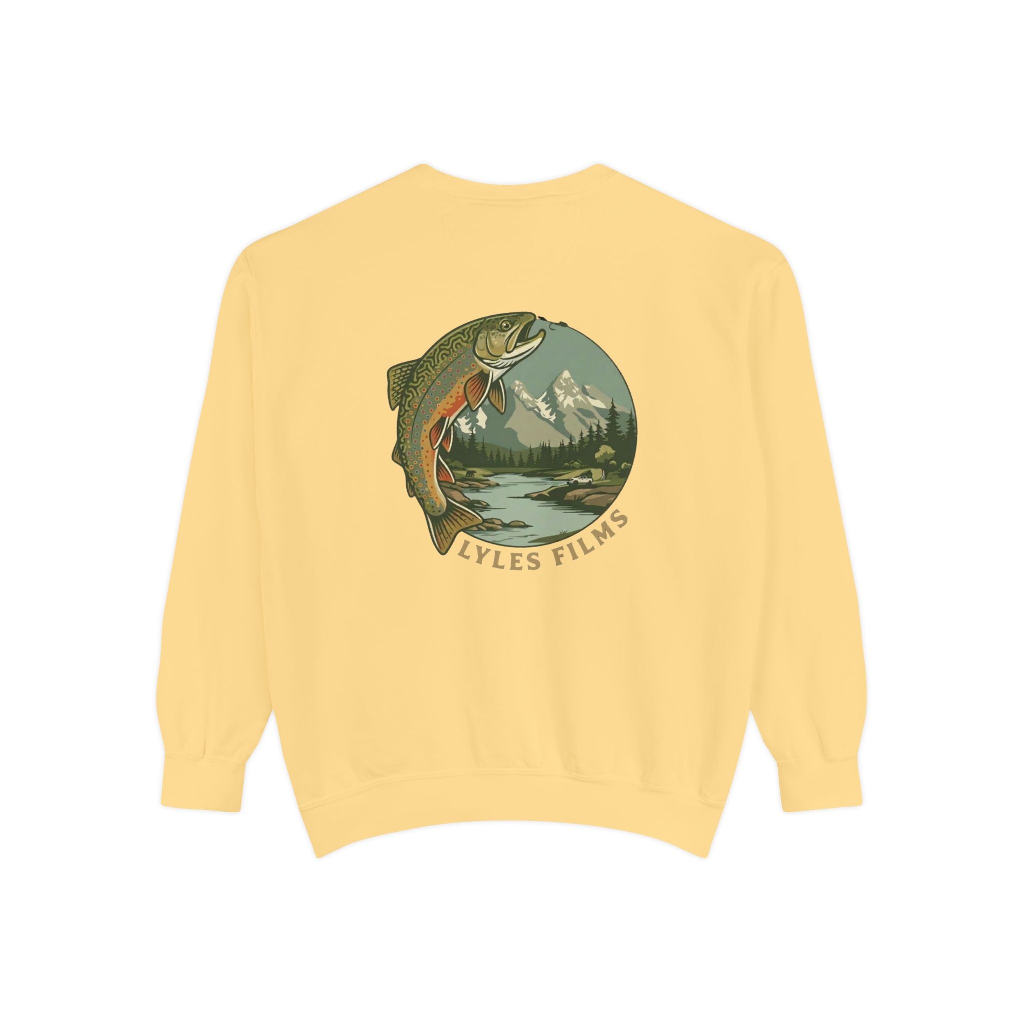 Fishing Crewneck Sweatshirt — 'Lyles Films' Trout Mountain Graphic