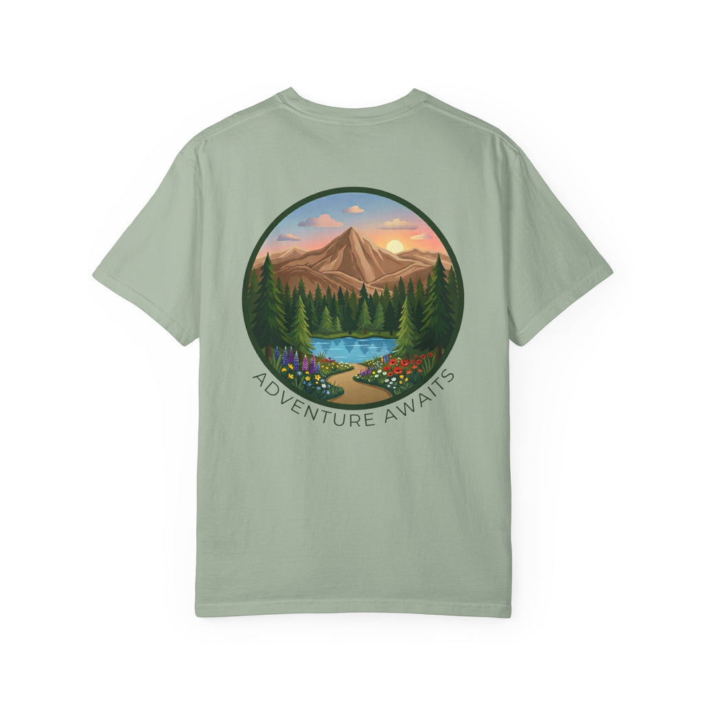 Adventure Awaits T-Shirt — Scenic Mountain River Graphic Tee
