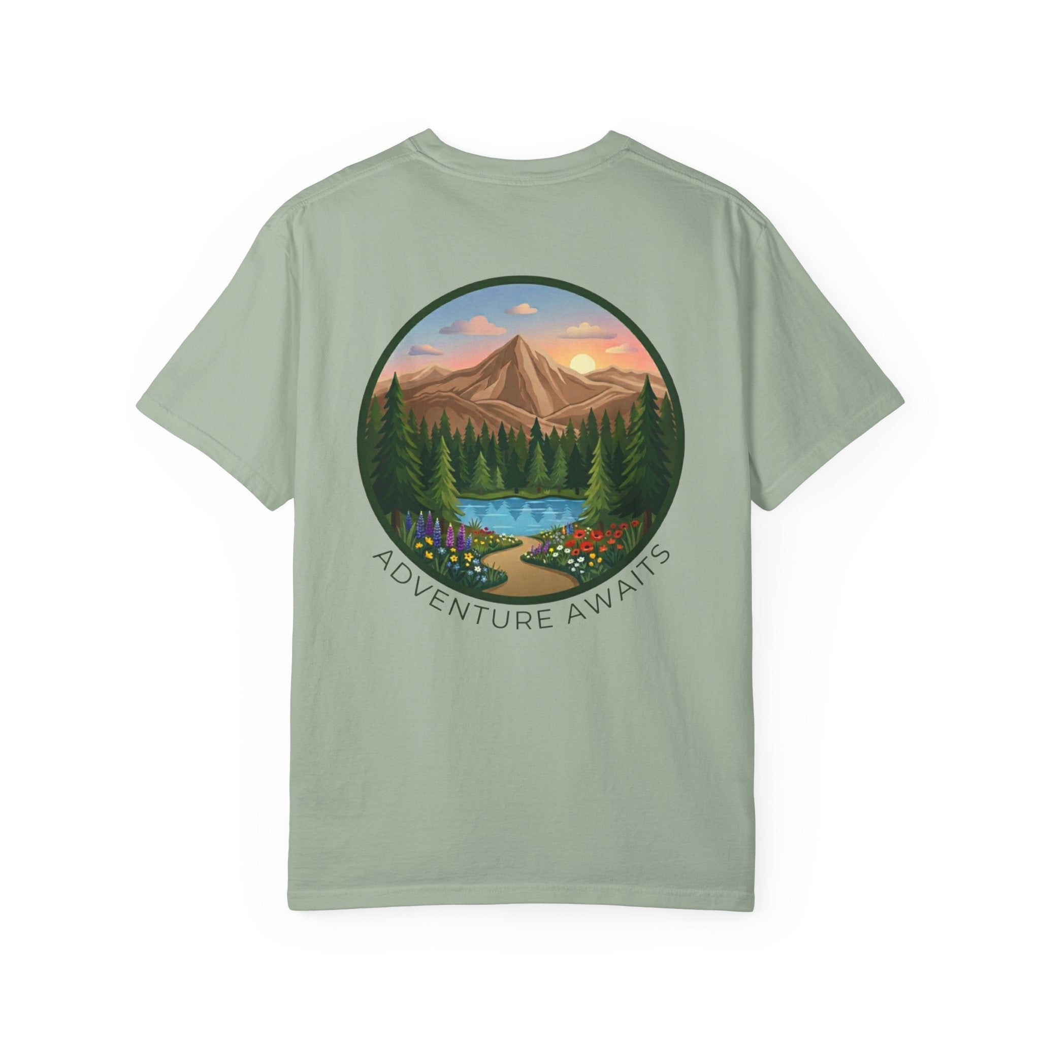 Adventure Awaits T-Shirt — Scenic Mountain River Graphic Tee