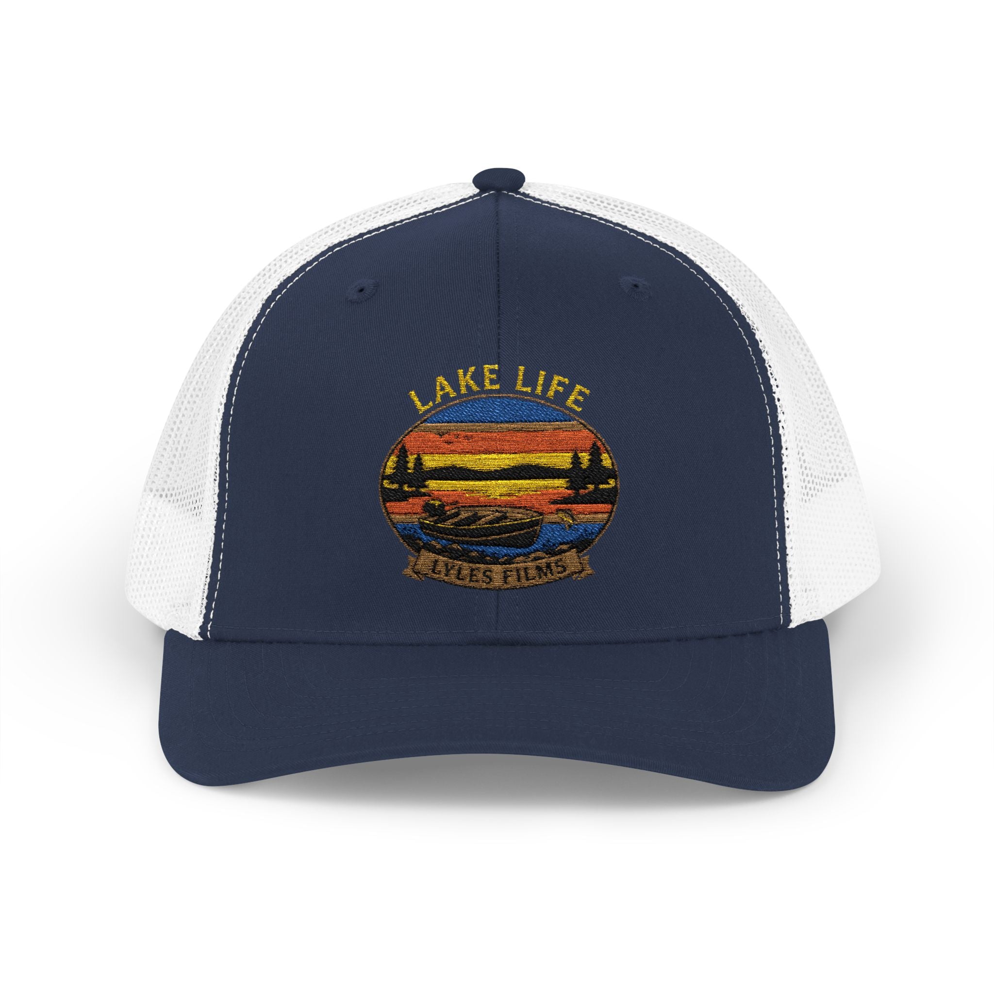 Lake Life Trucker Cap — Retro Sunset Embroidered Mesh Snapback