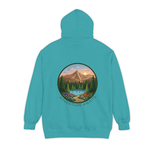 Adventure Awaits Hoodie — Mountain Landscape Graphic Hoodie