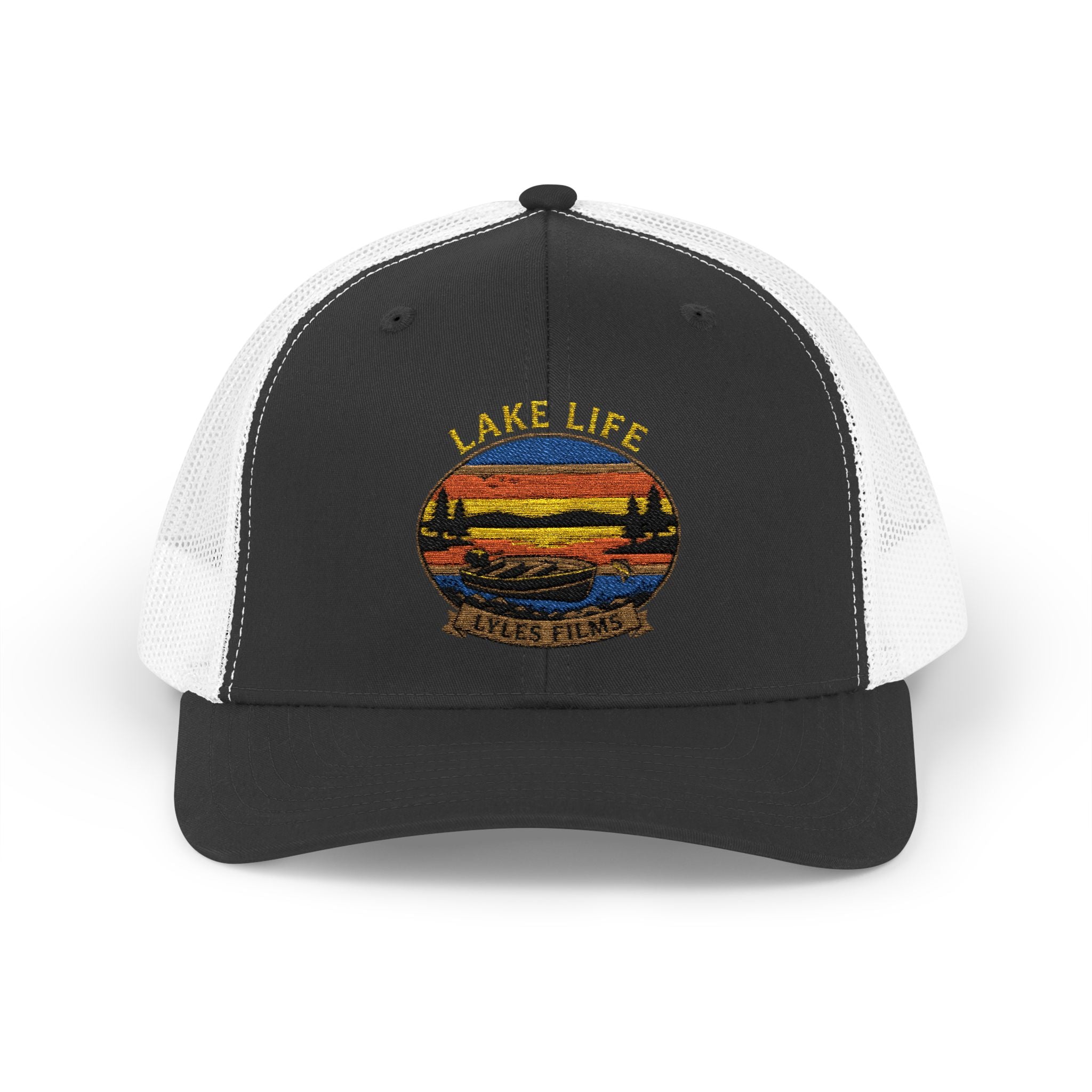 Lake Life Trucker Cap — Retro Sunset Embroidered Mesh Snapback