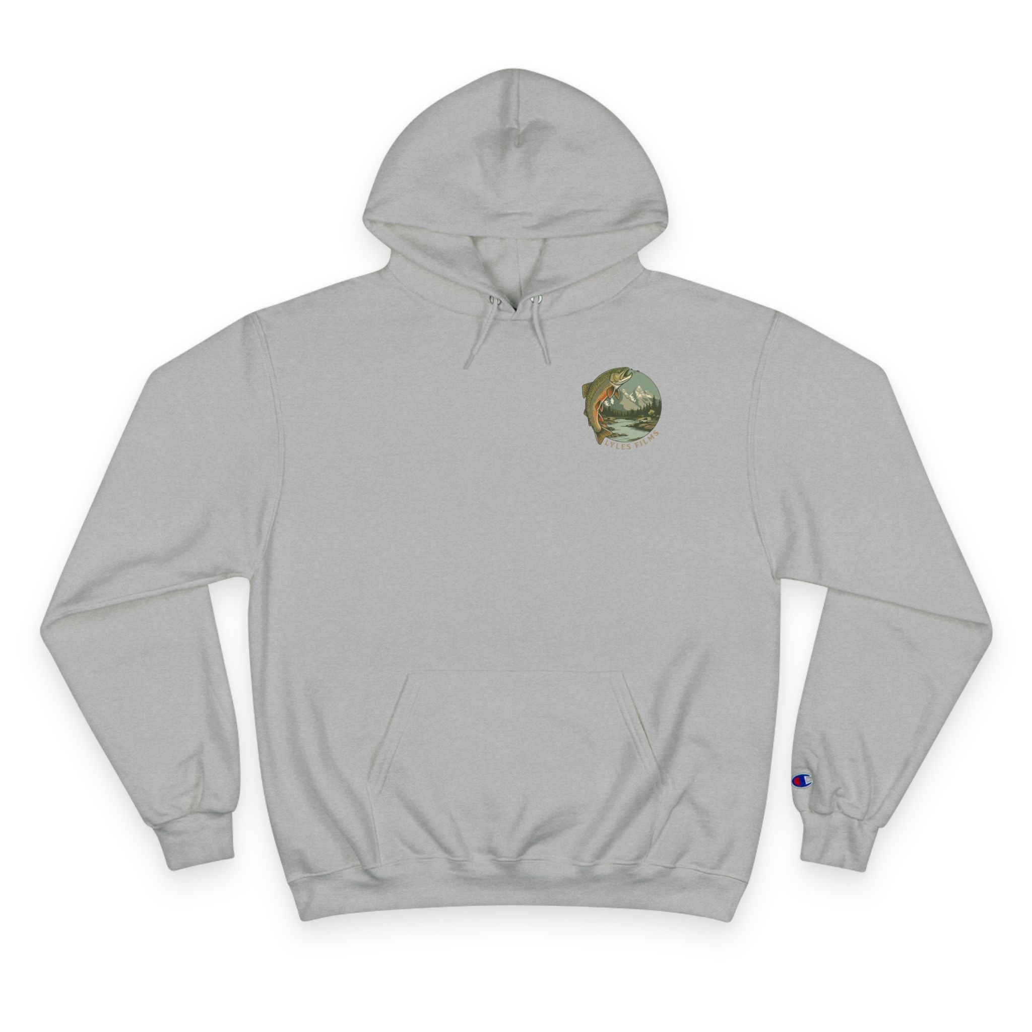 Classic Fishing Hoodie — Vintage Trout Mountain Logo Champion Hoodie