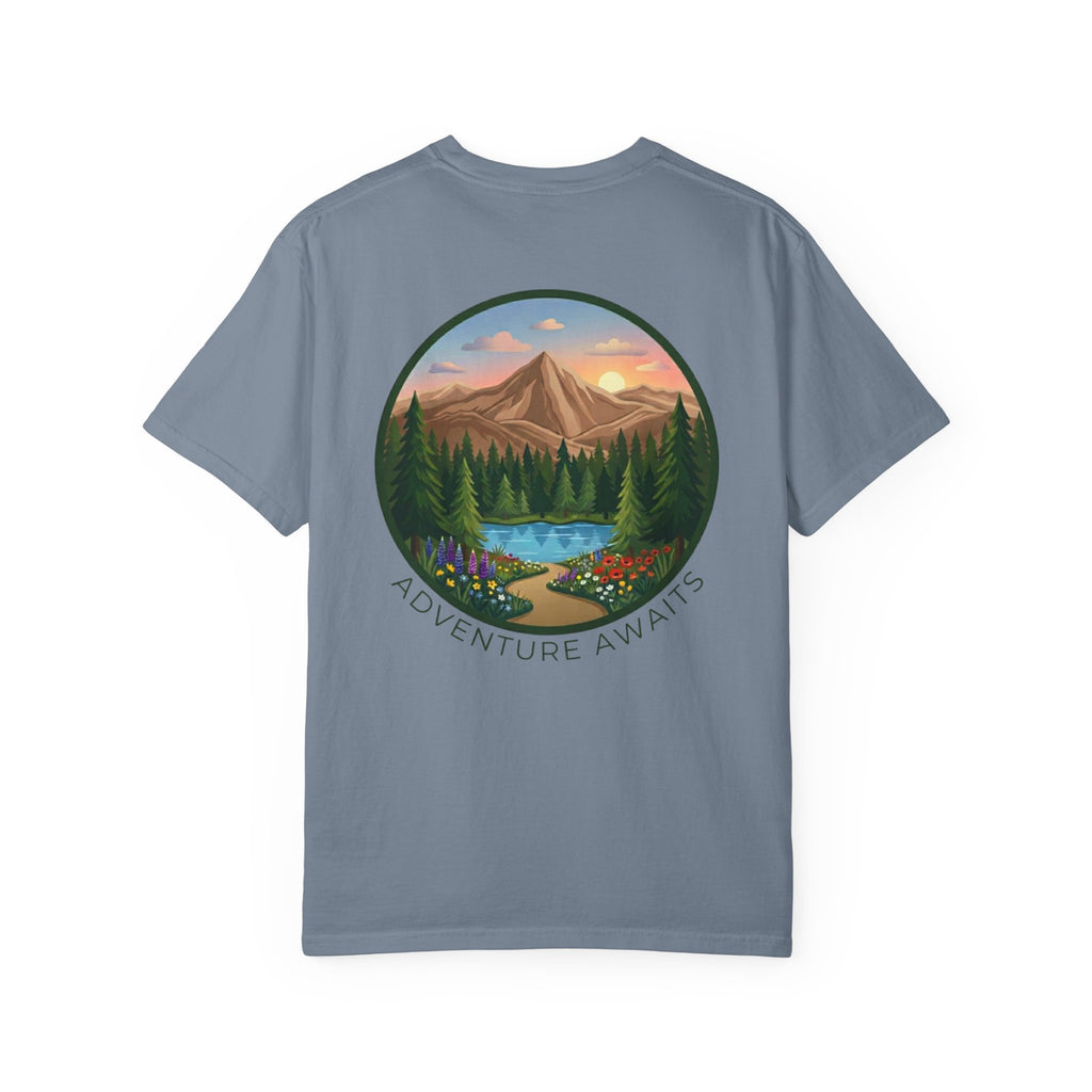 Adventure Awaits T-Shirt — Scenic Mountain River Graphic Tee