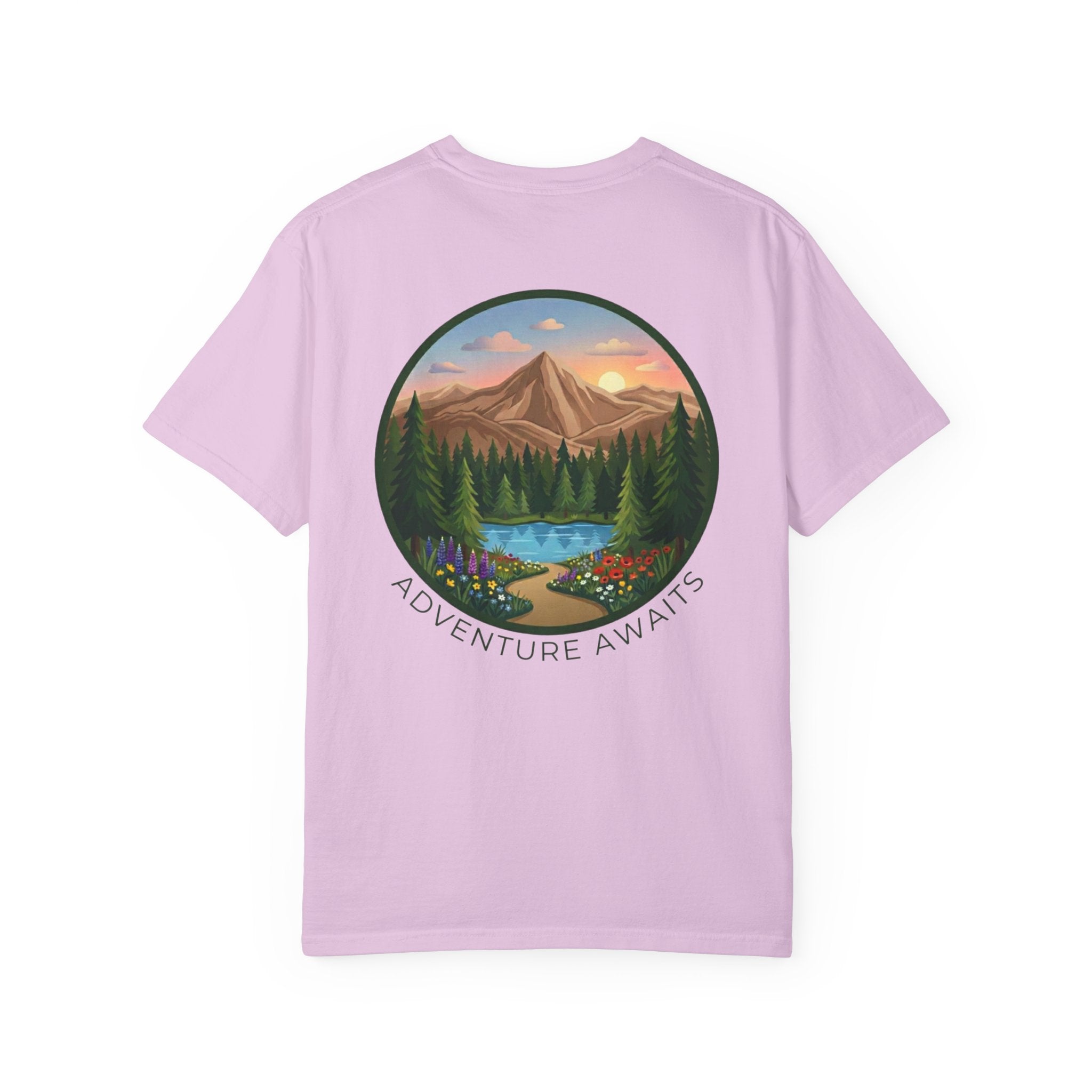 Adventure Awaits T-Shirt — Scenic Mountain River Graphic Tee