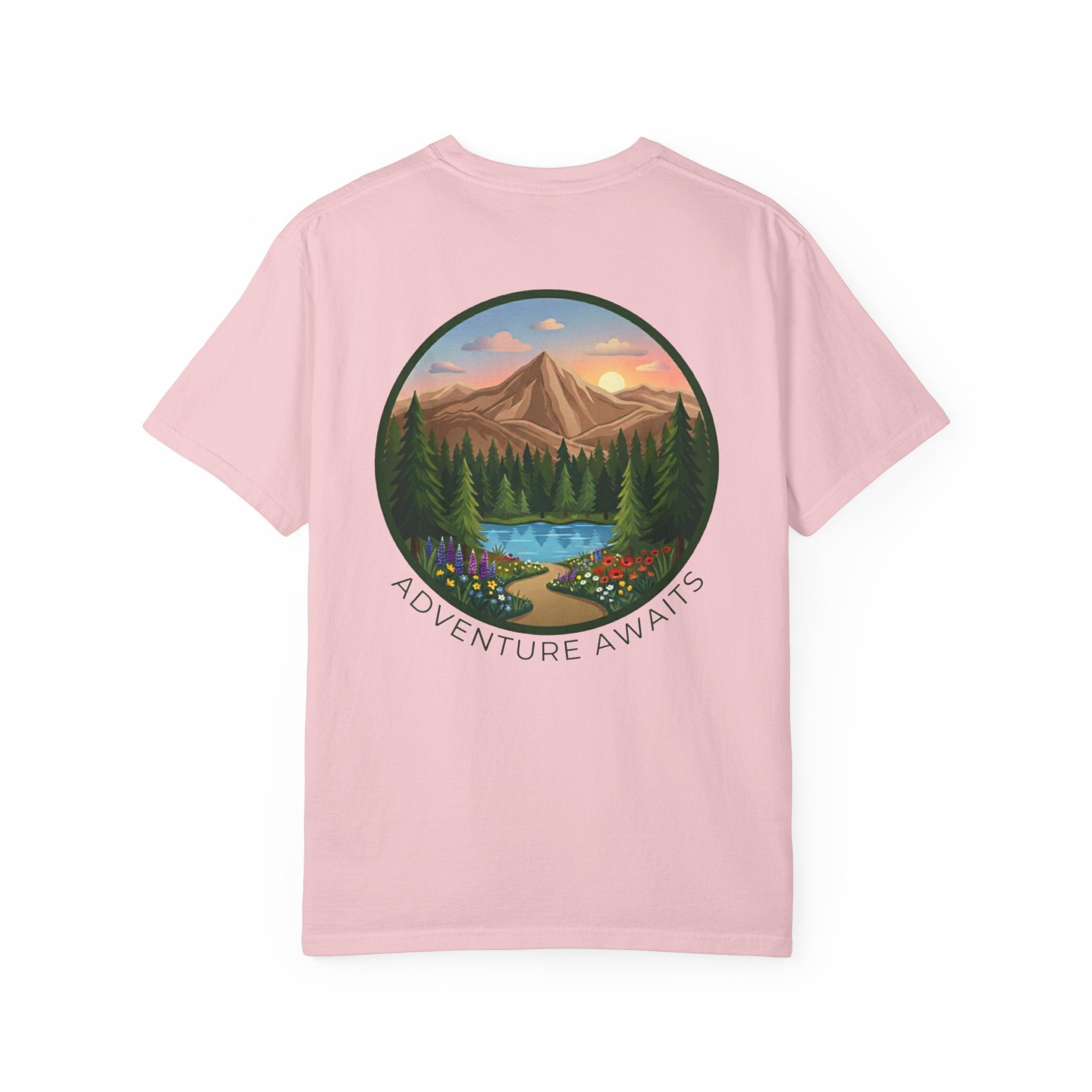 Adventure Awaits T-Shirt — Scenic Mountain River Graphic Tee