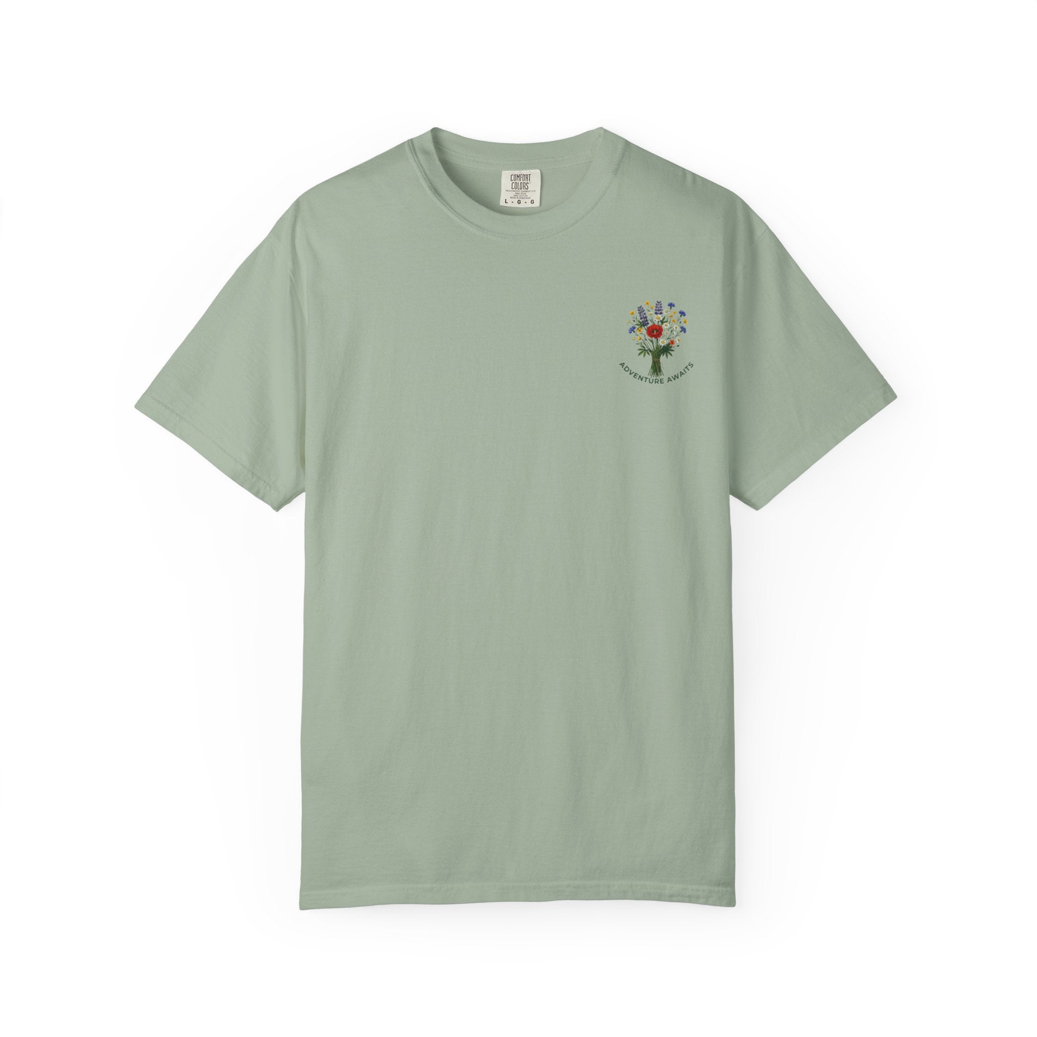 Adventure Awaits T-Shirt — Scenic Mountain River Graphic Tee