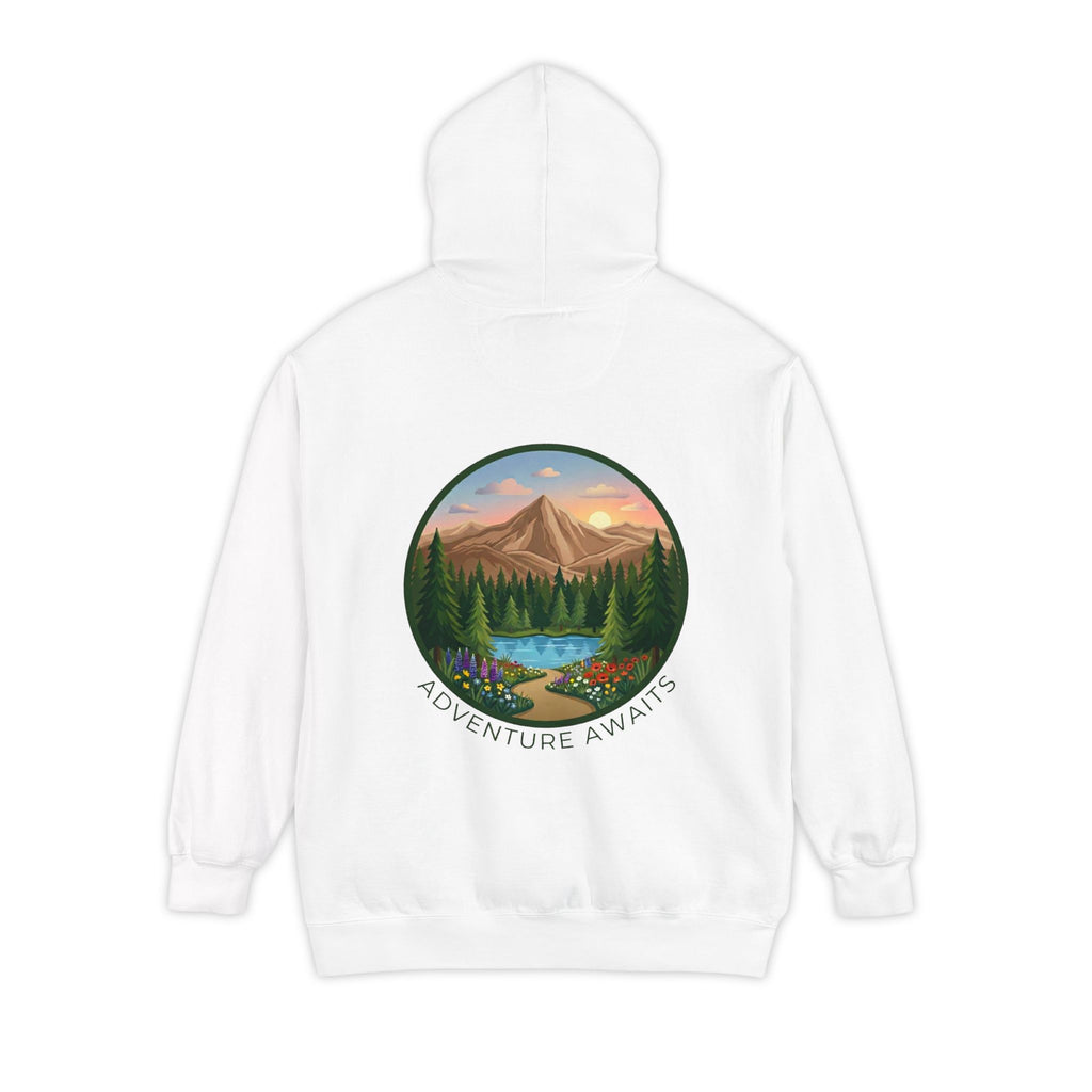 Adventure Awaits Hoodie — Mountain Landscape Graphic Hoodie