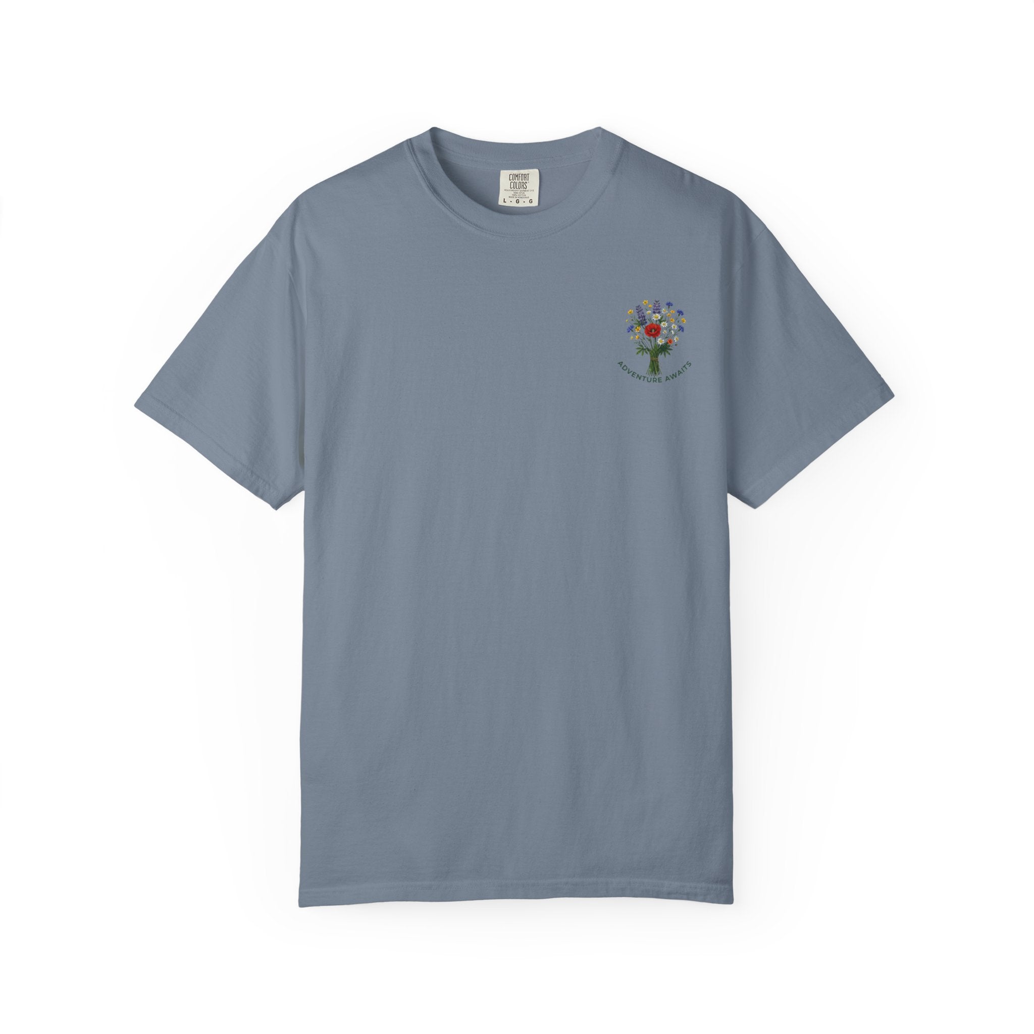 Adventure Awaits T-Shirt — Scenic Mountain River Graphic Tee