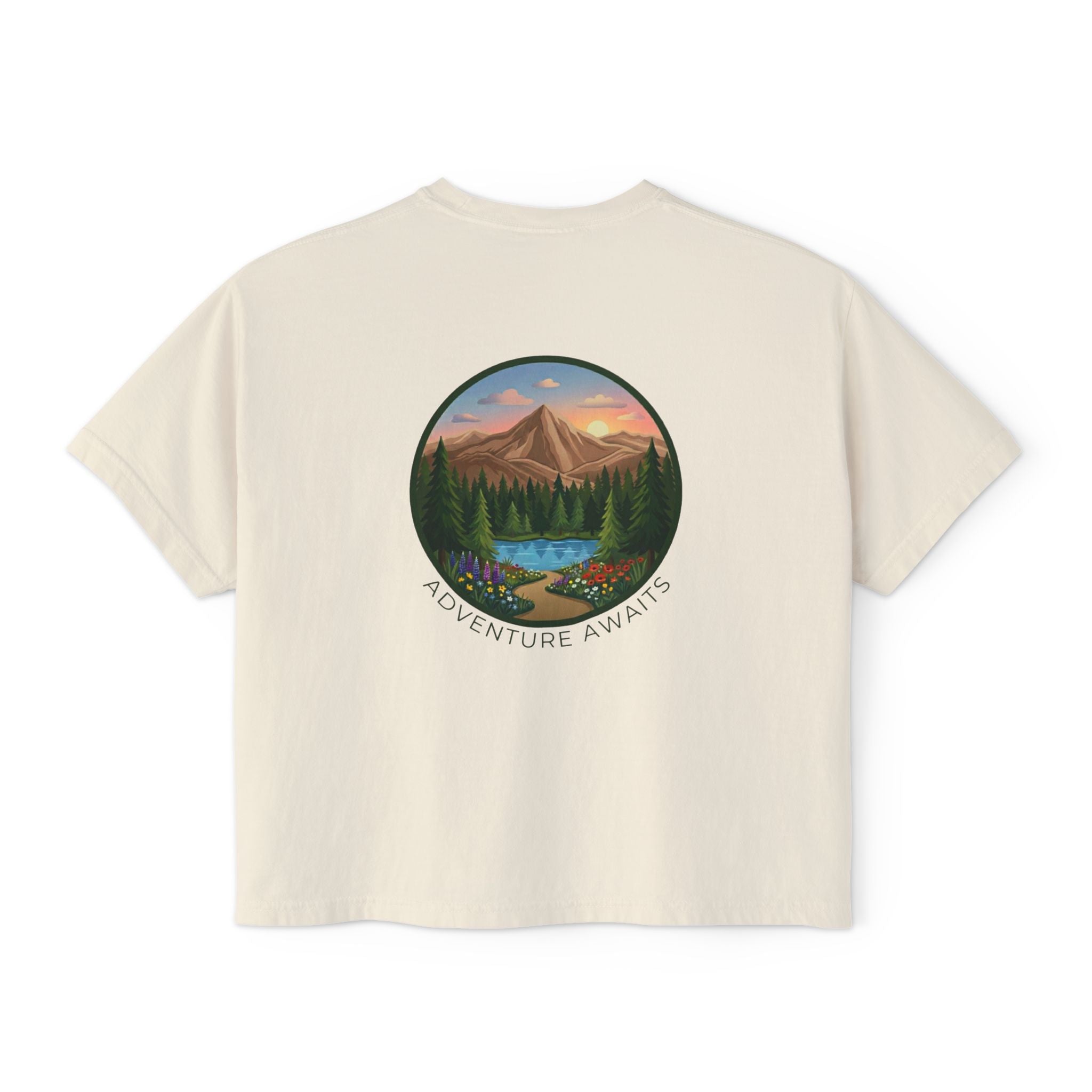 Adventure Awaits Women's Short Tee — Mountain & Floral Graphic