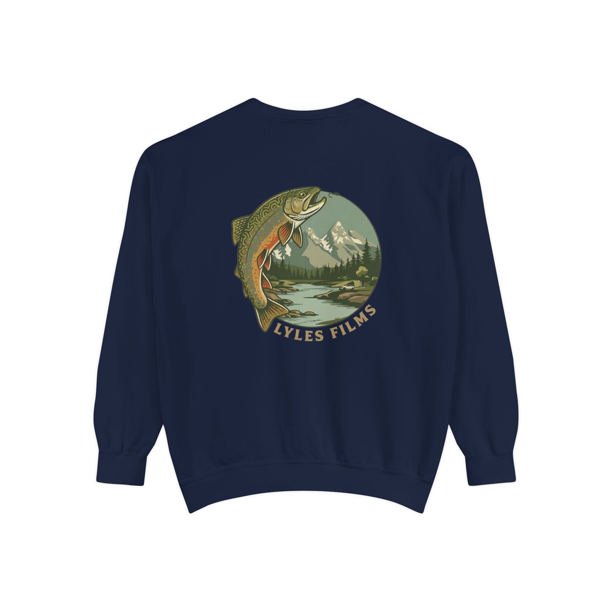 Fishing Crewneck Sweatshirt — 'Lyles Films' Trout Mountain Graphic