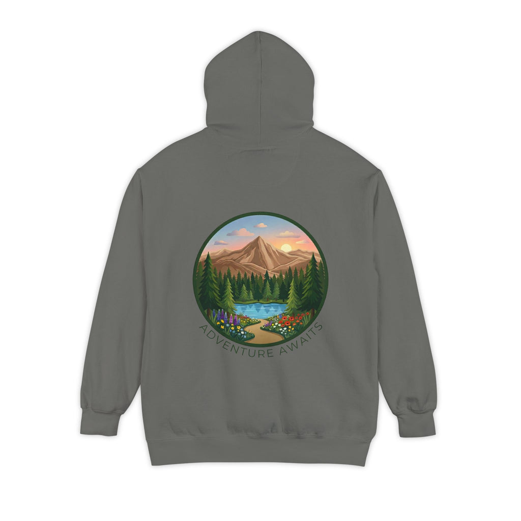 Adventure Awaits Hoodie — Mountain Landscape Graphic Hoodie