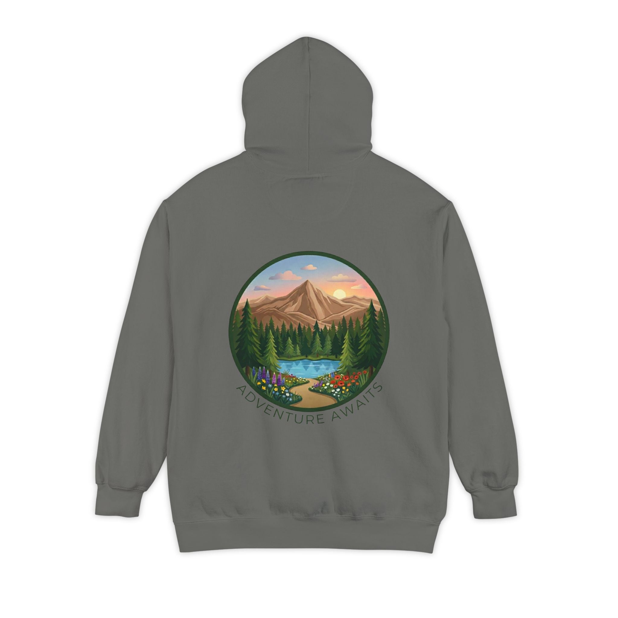 Adventure Awaits Hoodie — Mountain Landscape Graphic Hoodie