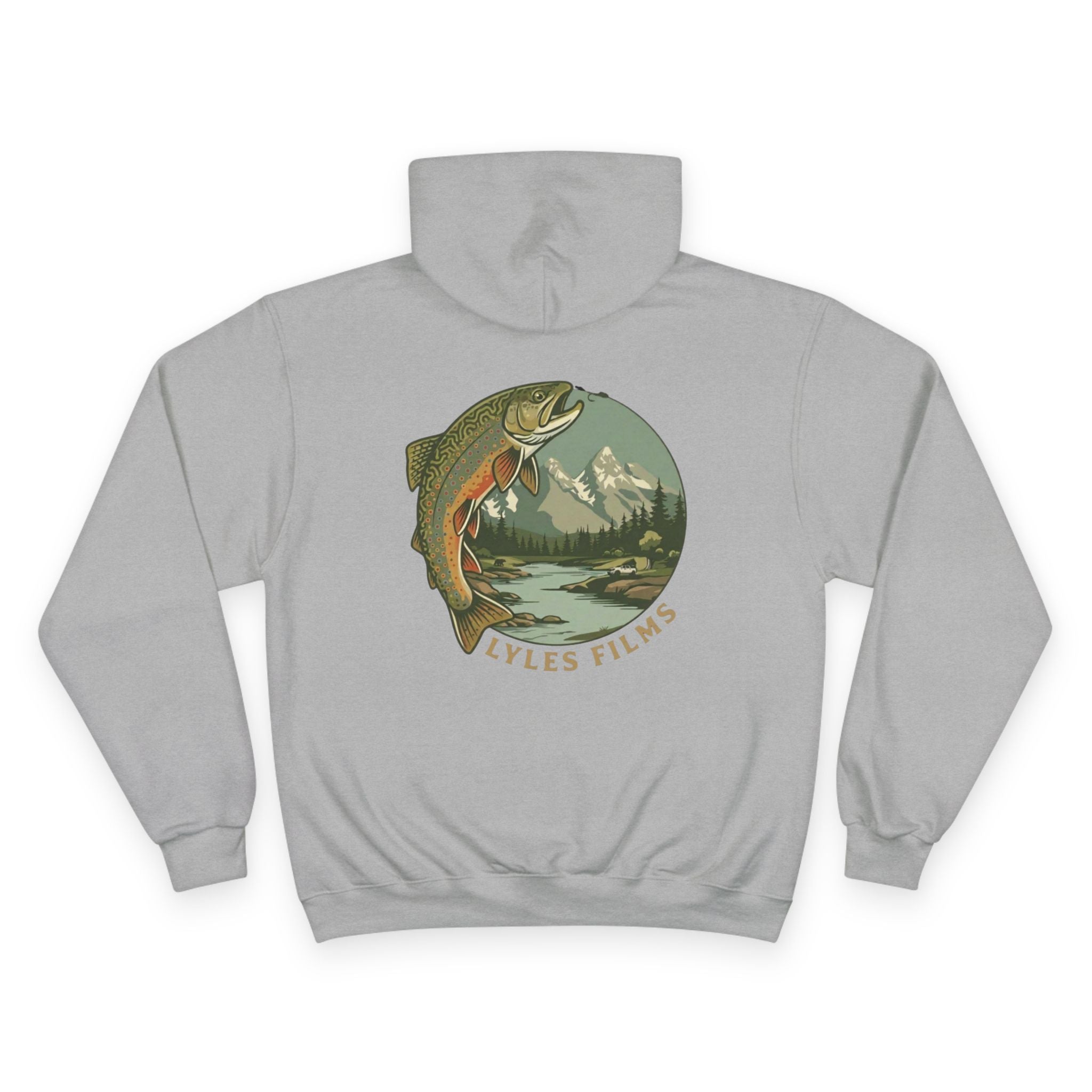 Classic Fishing Hoodie — Vintage Trout Mountain Logo Champion Hoodie