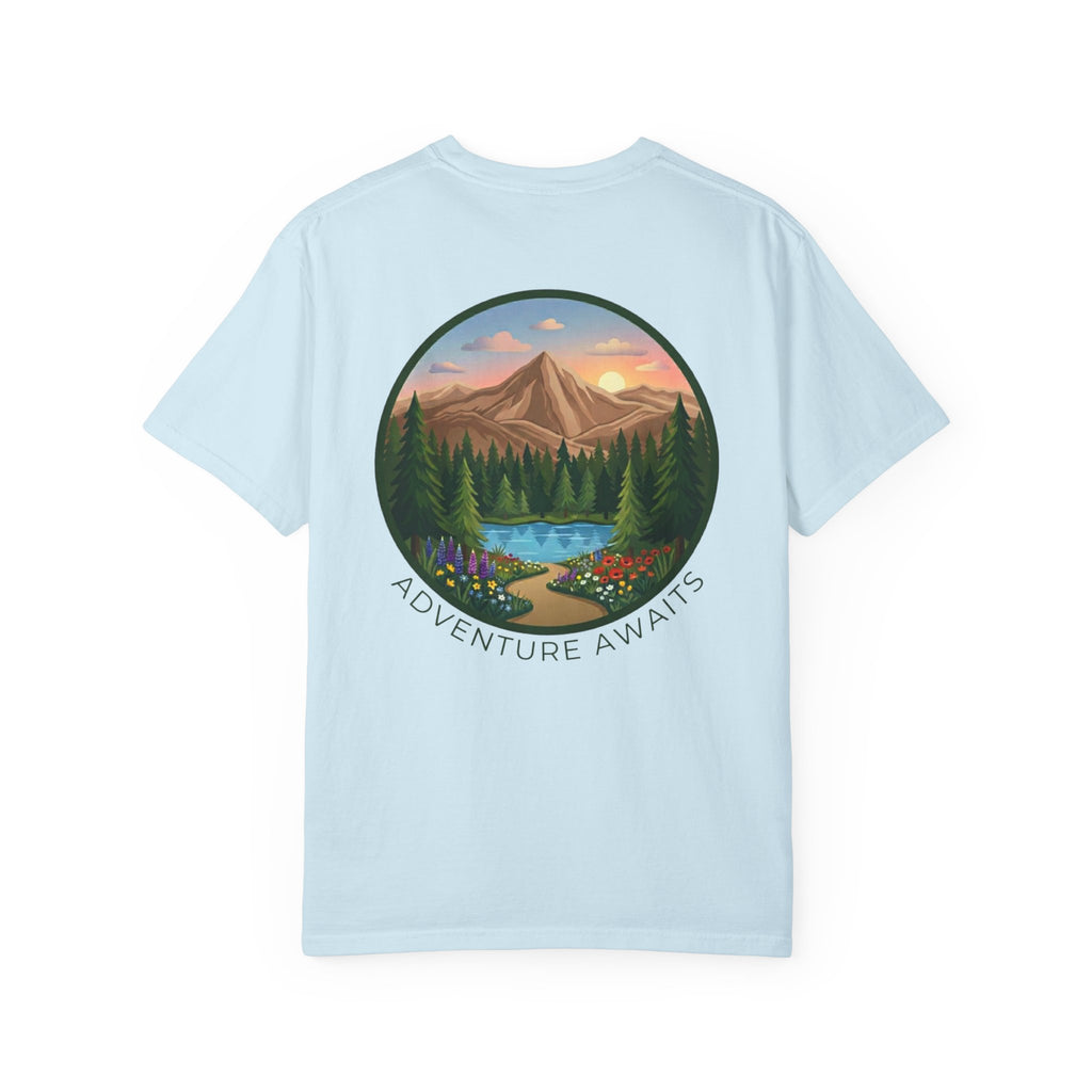 Adventure Awaits T-Shirt — Scenic Mountain River Graphic Tee