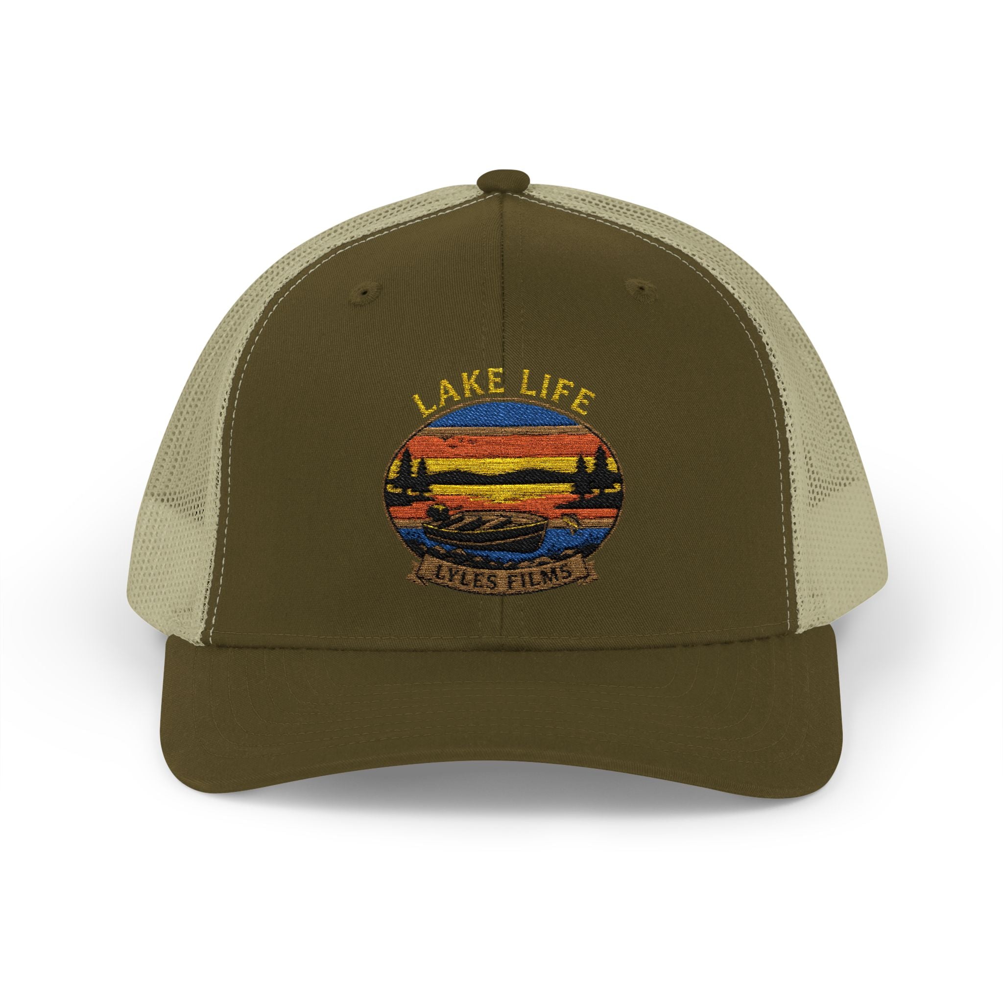 Lake Life Trucker Cap — Retro Sunset Embroidered Mesh Snapback